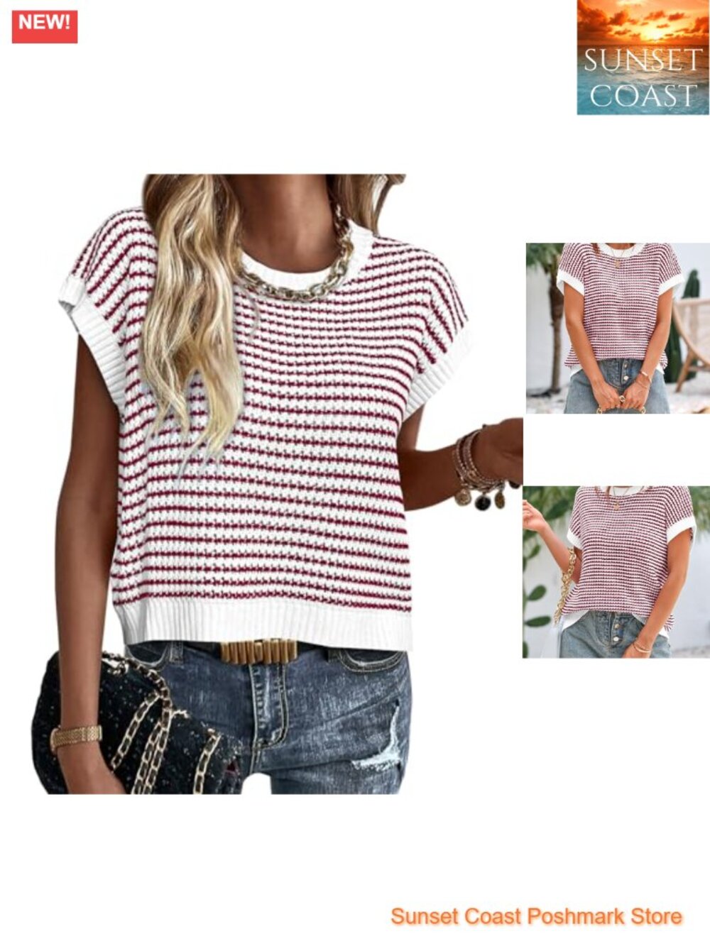 Striped Knit Cap Sleeve Sweater Vest Crew Neck Pullover Layering
